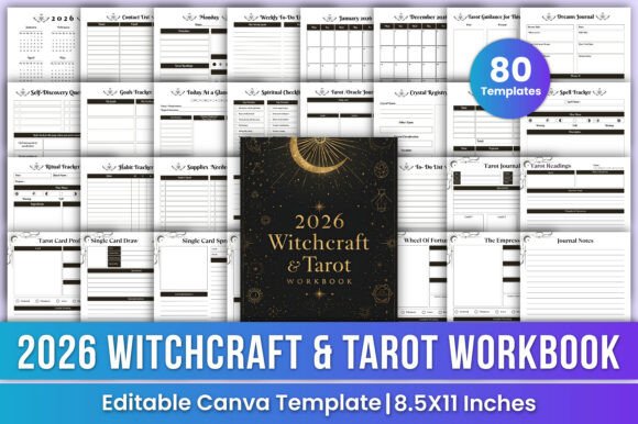 Download 2026 Witchcraft &amp; Tarot Workbook Canva - Premium Bundle